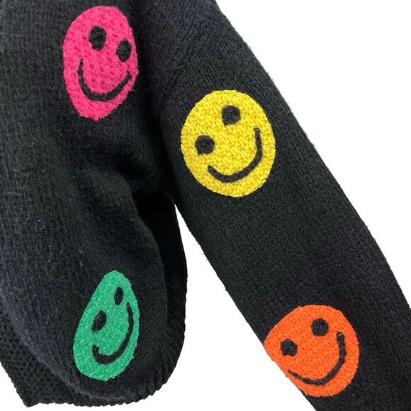 Women's Black Multicolor Retro Smiley Face Knit Open Cardigan Sweater Top S - Picture 3 of 3